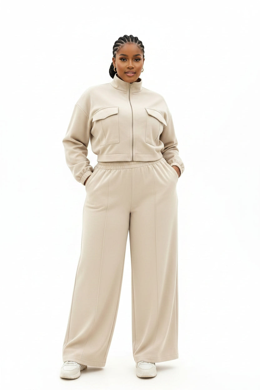 Two Piece Lounge Set with Zip-Up Crop Jacket