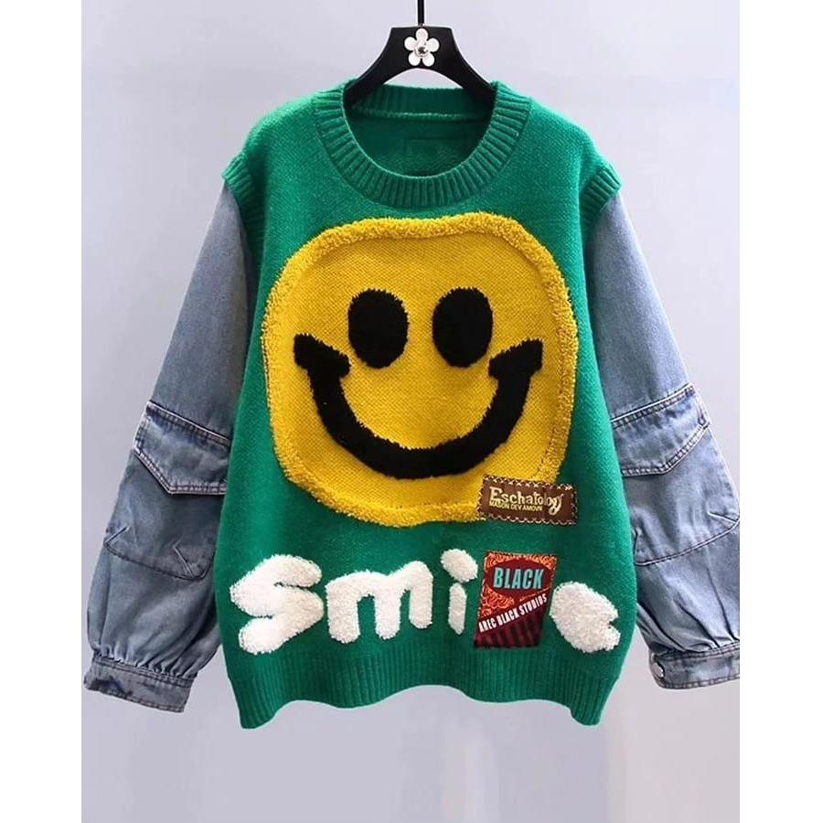 Smiling Face Denim Sleeve Jersey