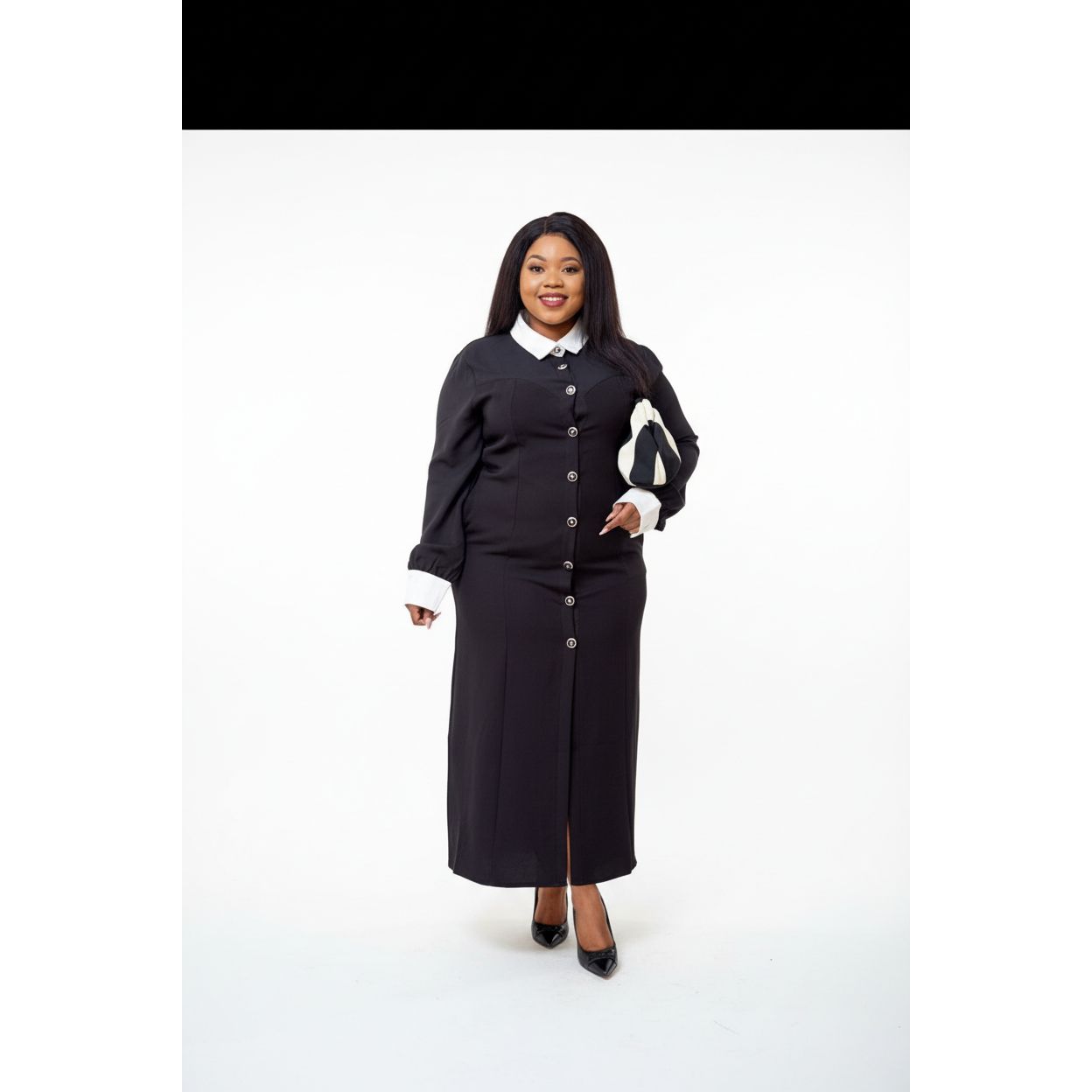 Ruffle Stand Collar Flared Sleeve Fitted Fishtail Hem Elegant Long Dre ...