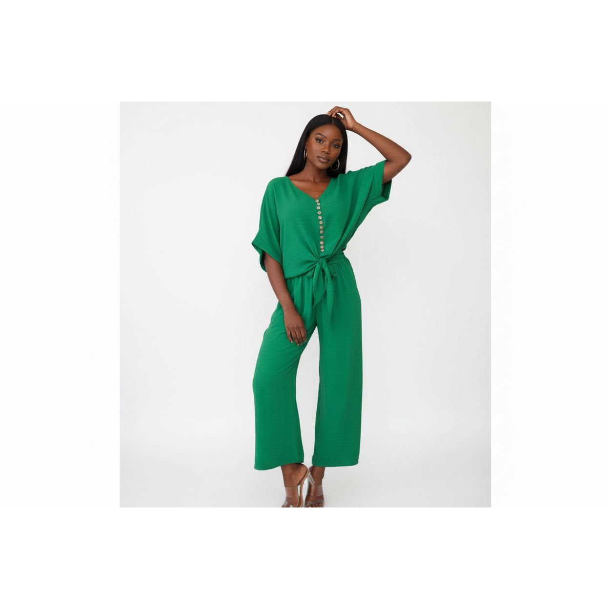 Button Front Shirt & Wide Leg Pants Set.