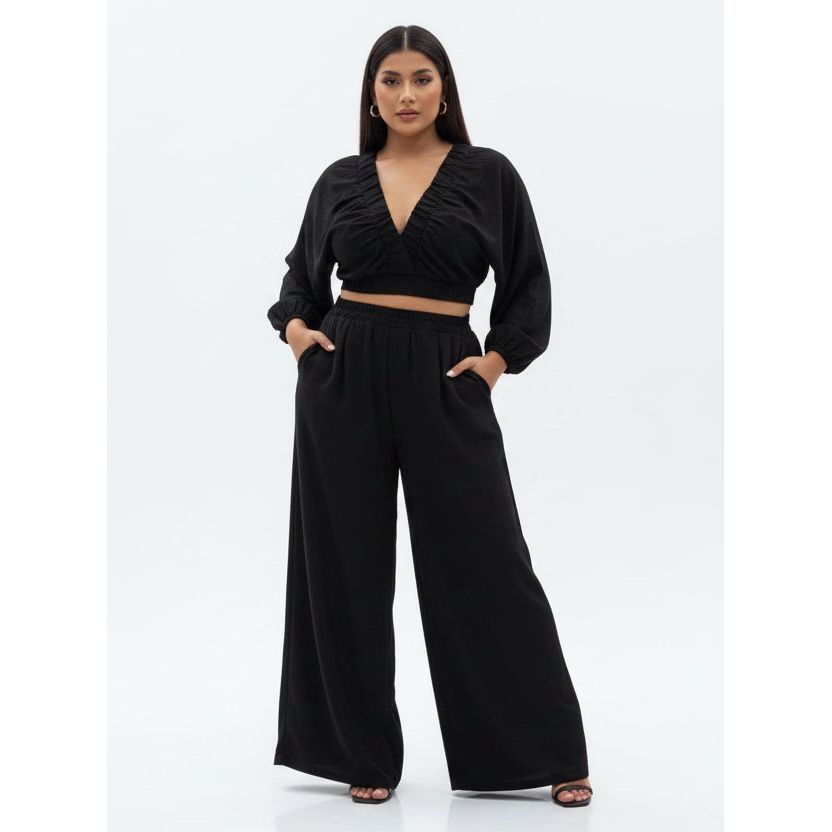 Elegant Ruched Long Sleeve Wide-Leg Set.