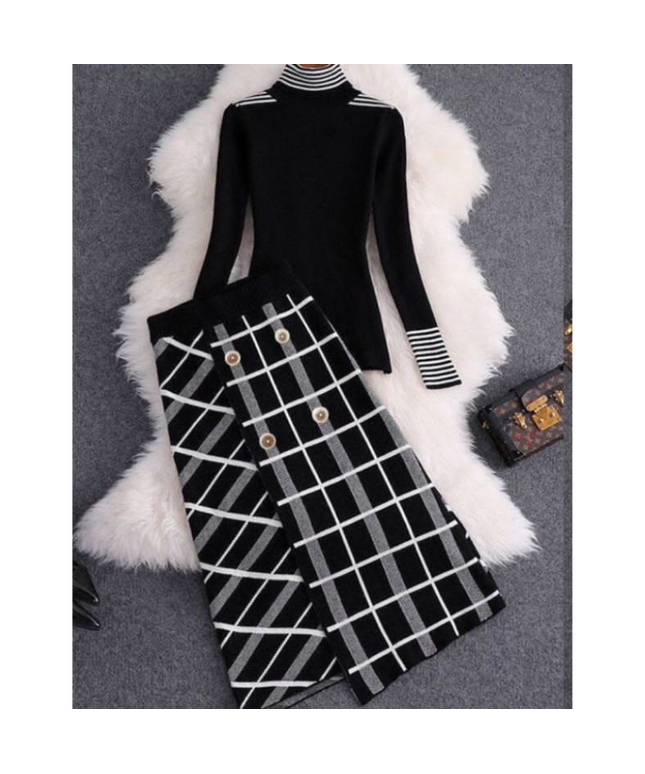 Turtleneck Top and Button Skirt Set