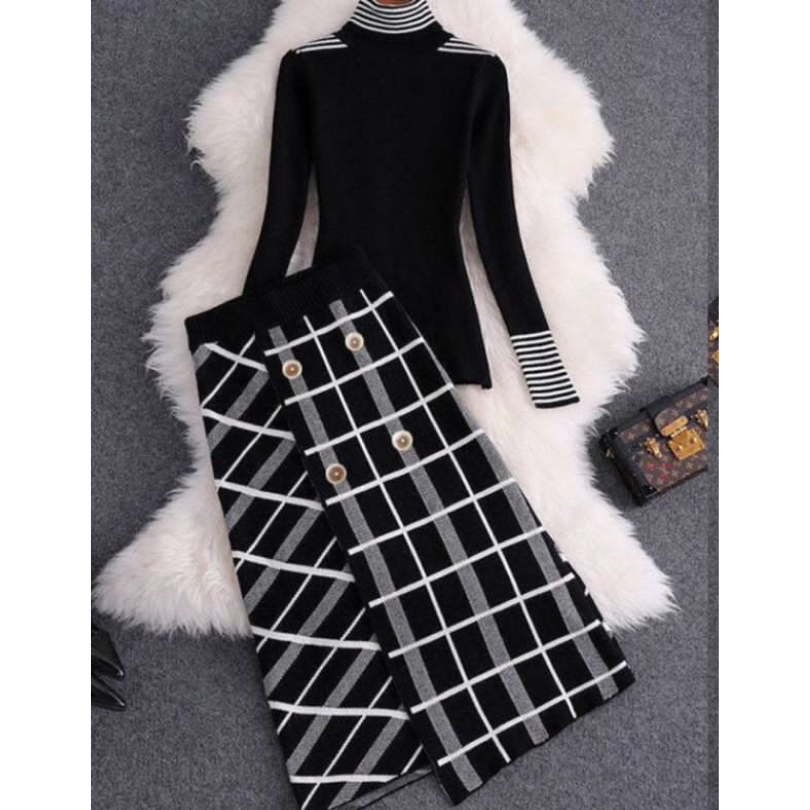 Turtleneck Top and Button Skirt Set