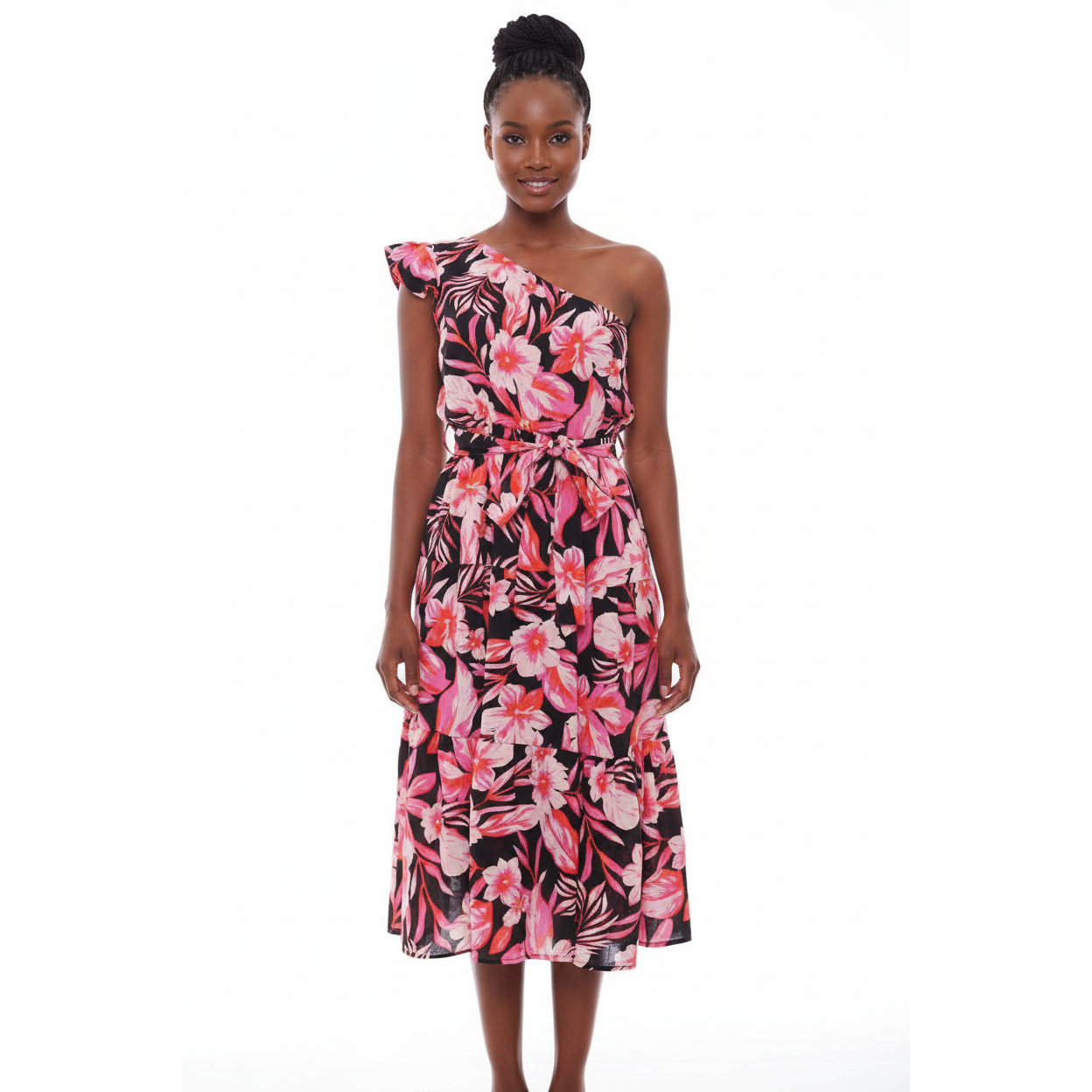 One Off Shoulder High Waisted Floral Dress