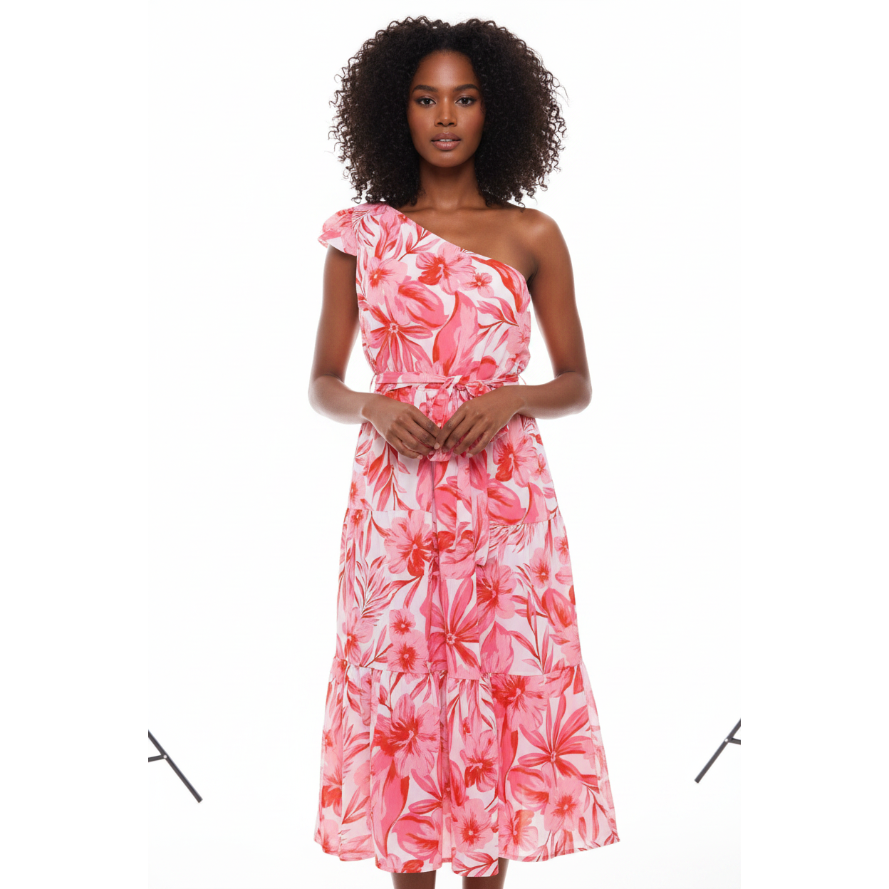 One Off Shoulder High Waisted Floral Dress