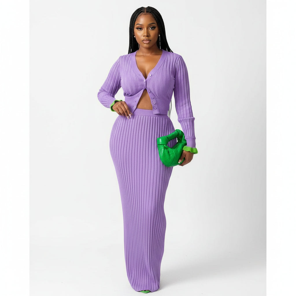 Knitted V-Neck Crop Top and Skirt Set
