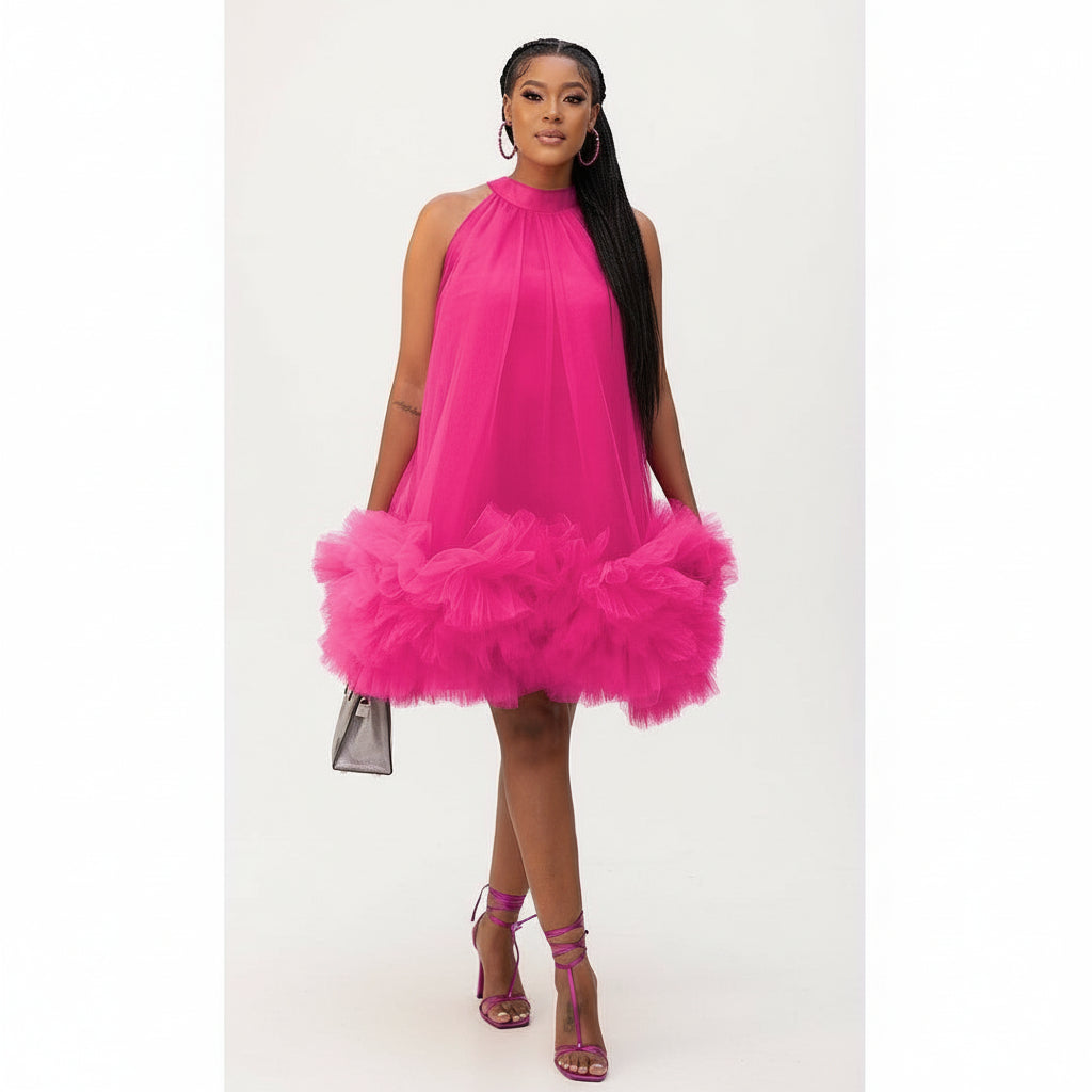 Multi-Layer Mesh Ruffle Halter Neck Dress