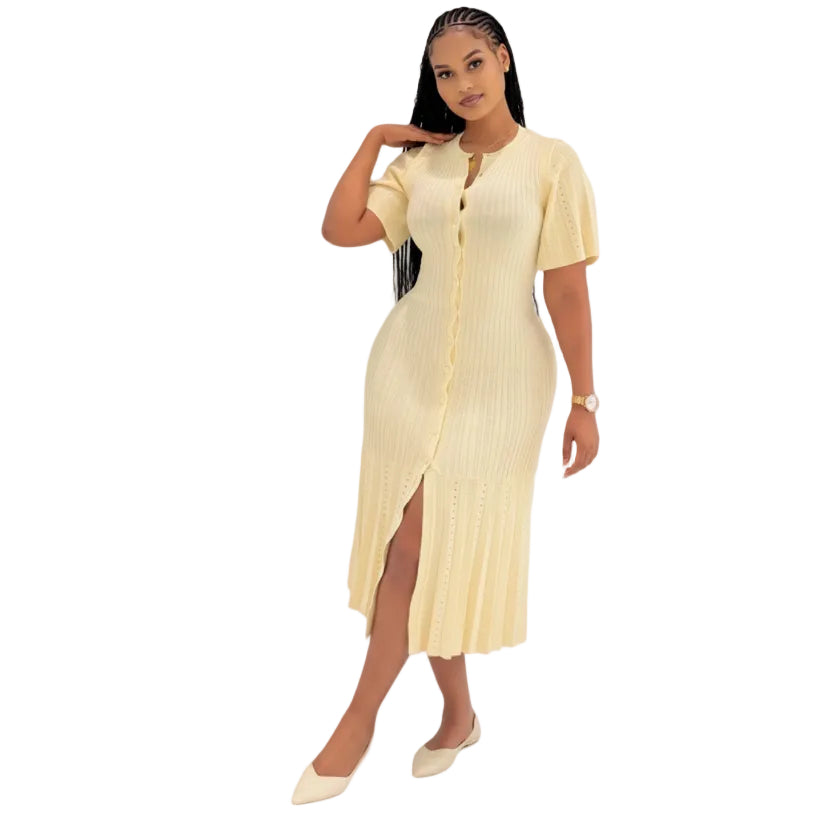 Bodycon Button Short Sleeve Knitted Maxi Dress