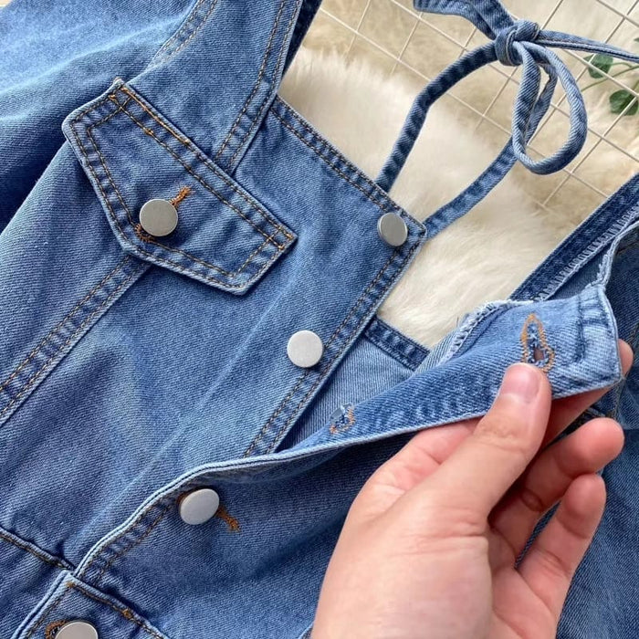 Tied Square Neck Long Sleeve Denim Dress with Pockets