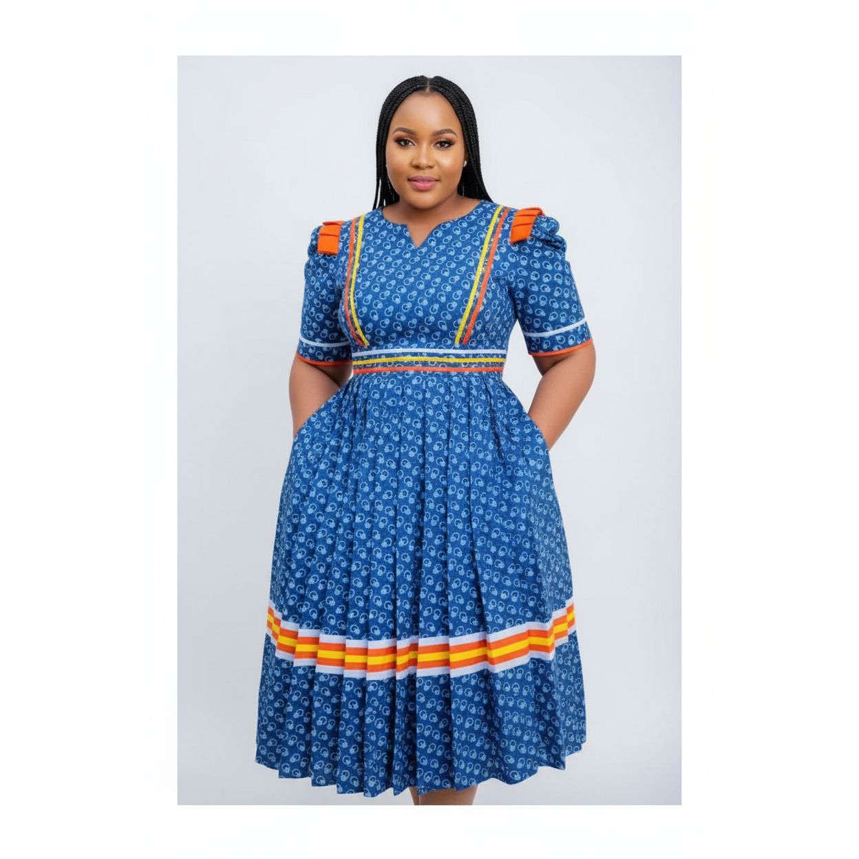 Round V-drop Neck Traditional Dress