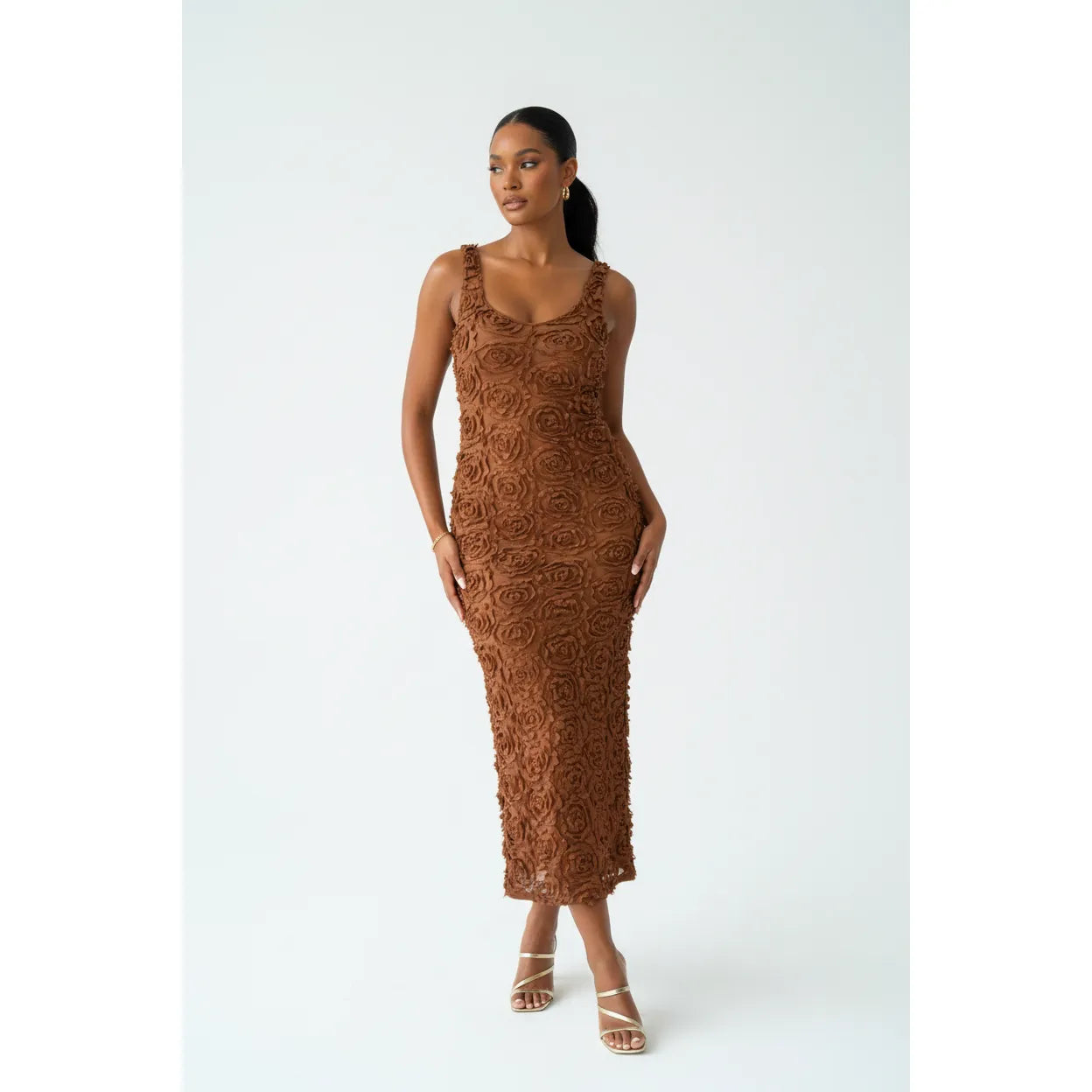 Floral 3D V-neck Sleeveless Midi Dress