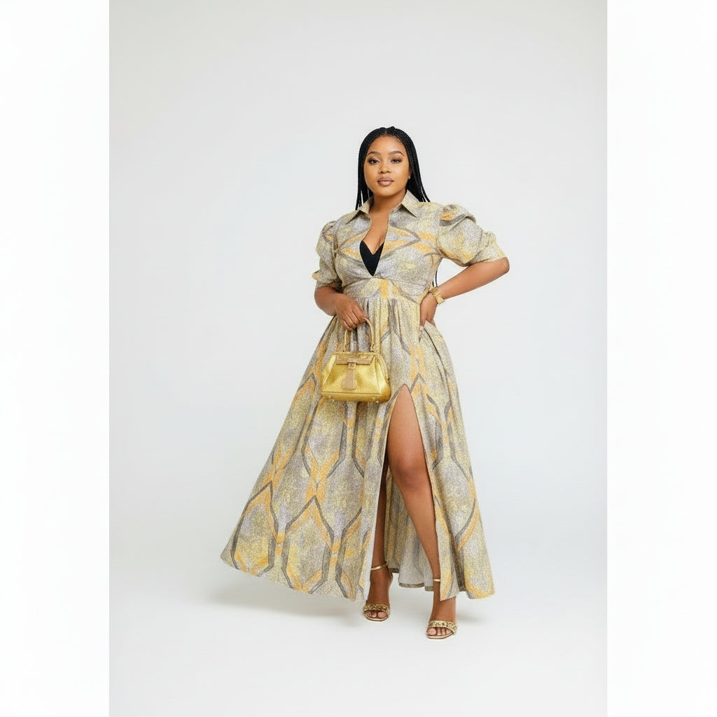 French Short Sleeve High Slit Maxi Dress