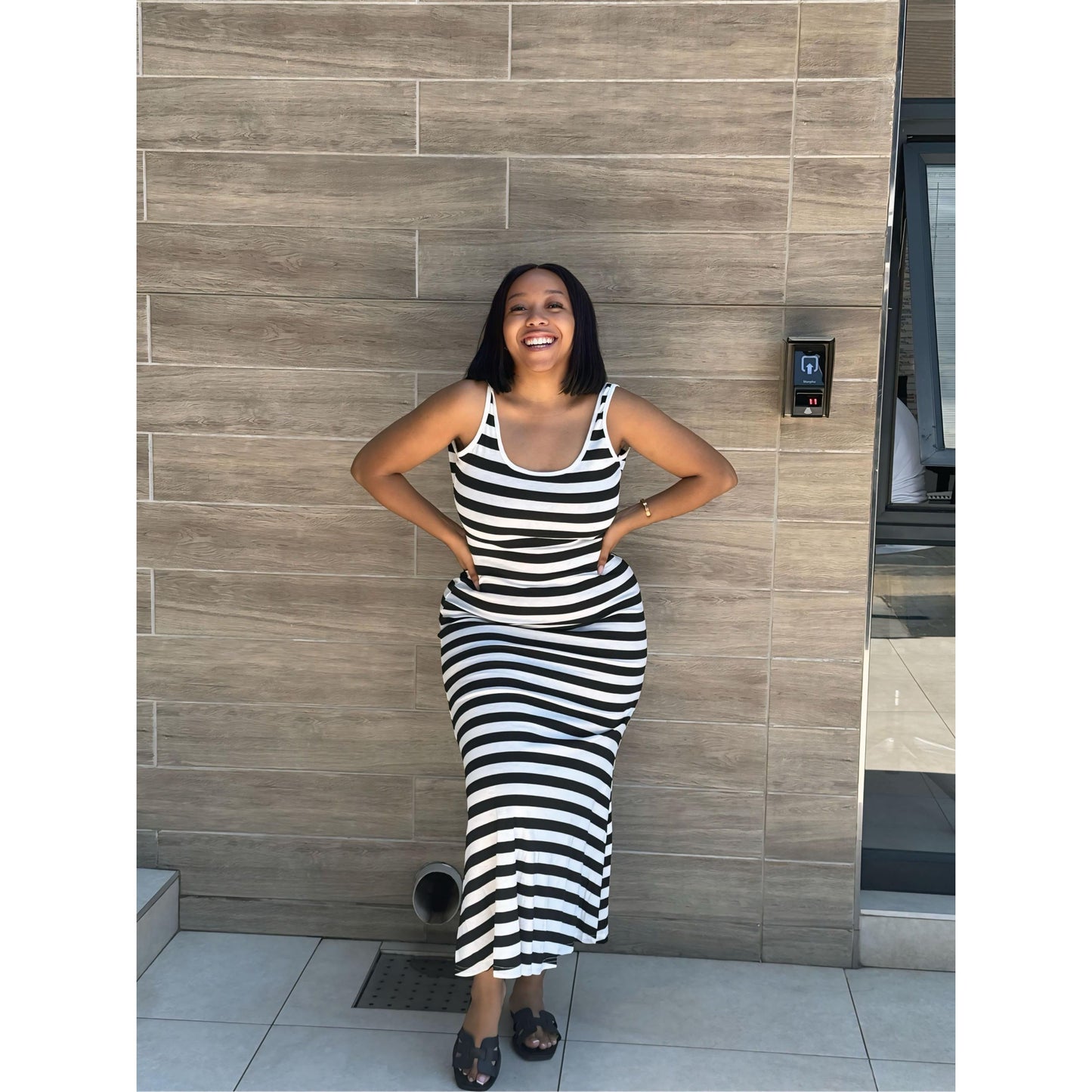 Striped Print Sleeveless Long Bodycon Dress.