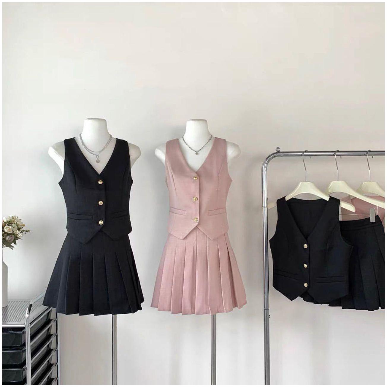 Button Up Vest and Pleated Mini Skirt Set