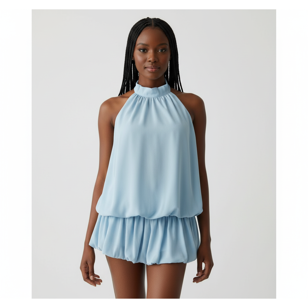 Halter Neck Layered Chiffon Mini Dress.