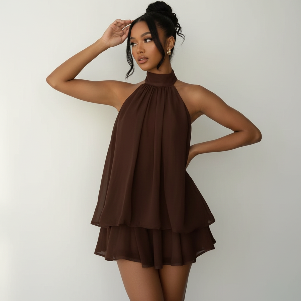 Halter Neck Layered Chiffon Mini Dress.
