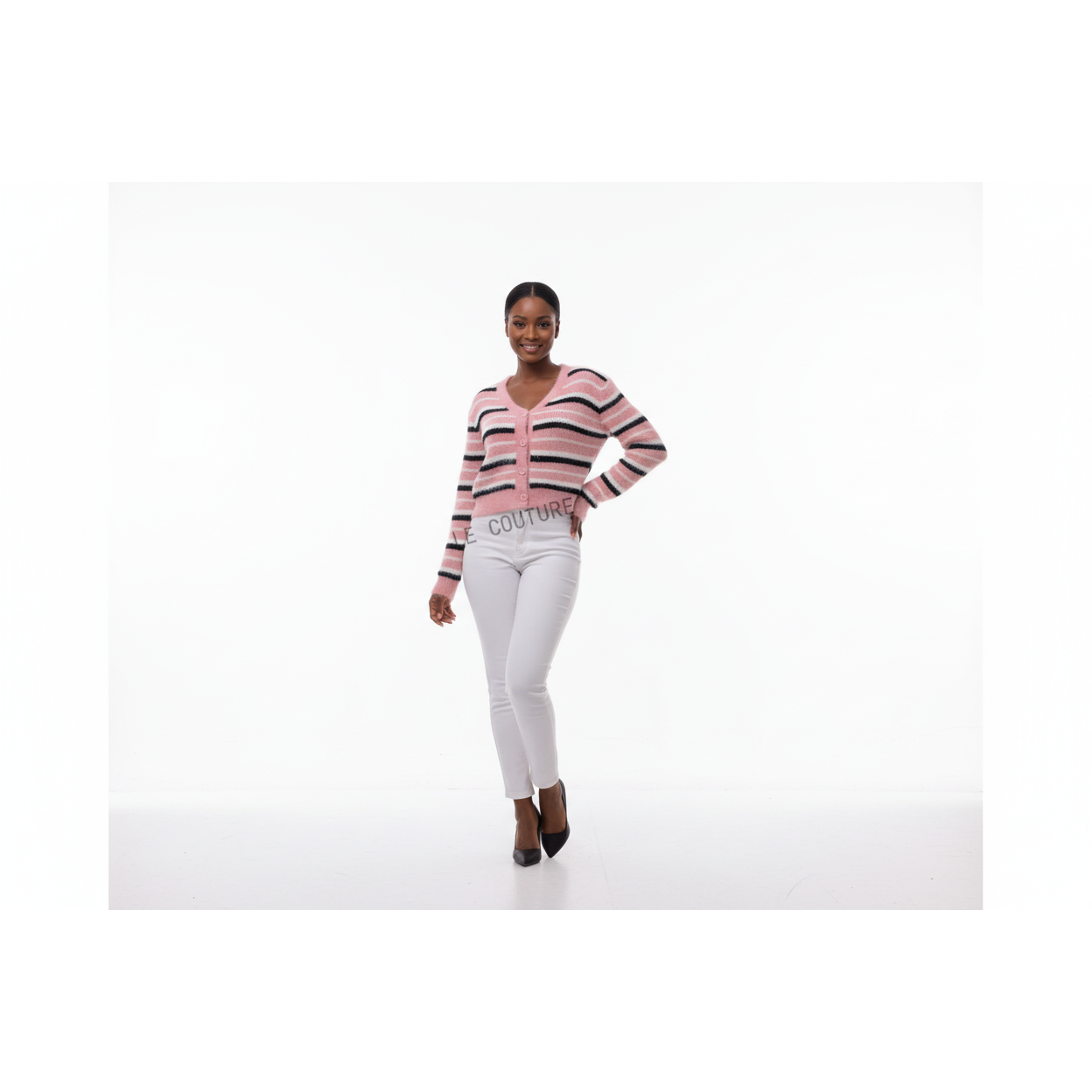 Striped Pattern Fluffy Knit Cardigan