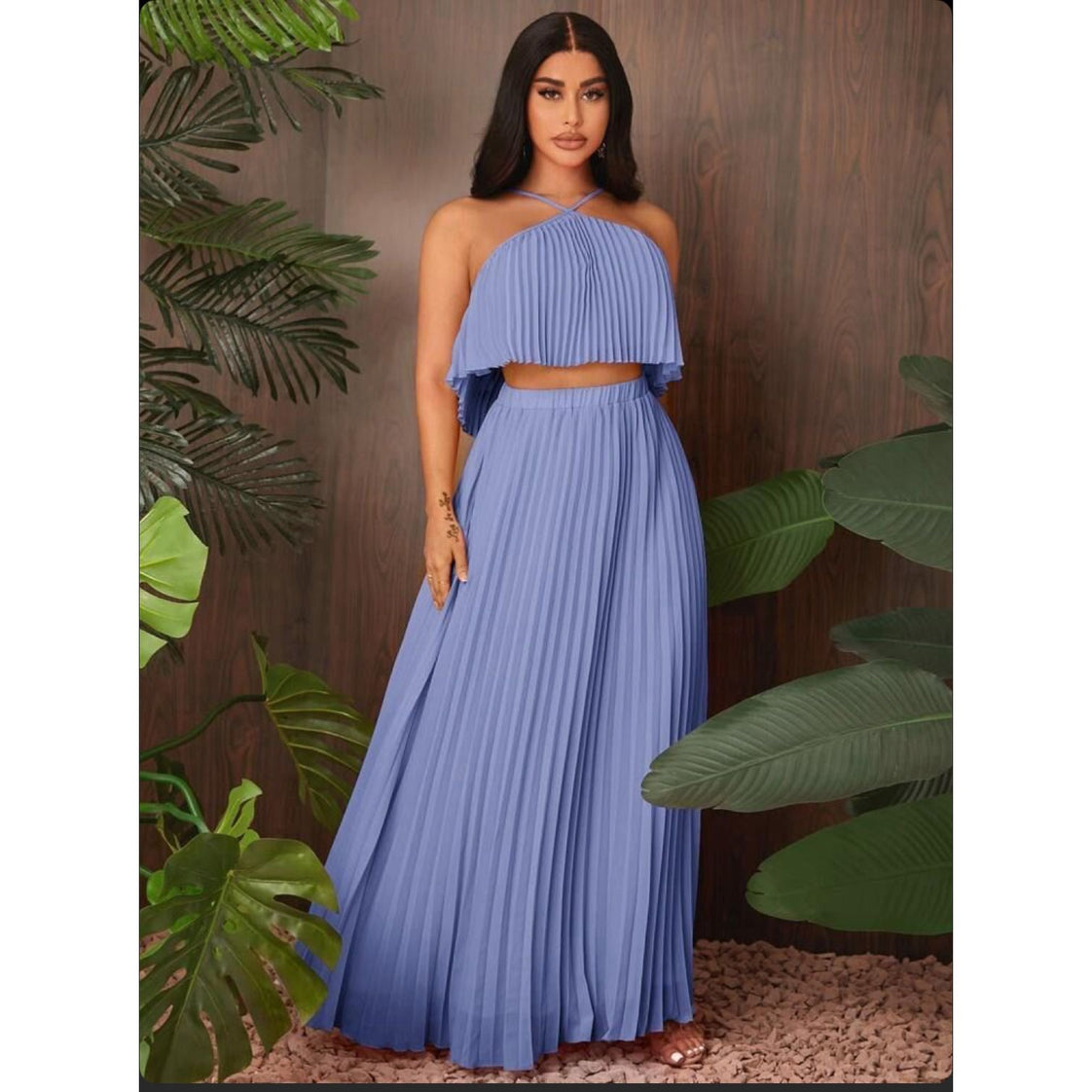 SXY Solid Pleated Halter Top & Skirt