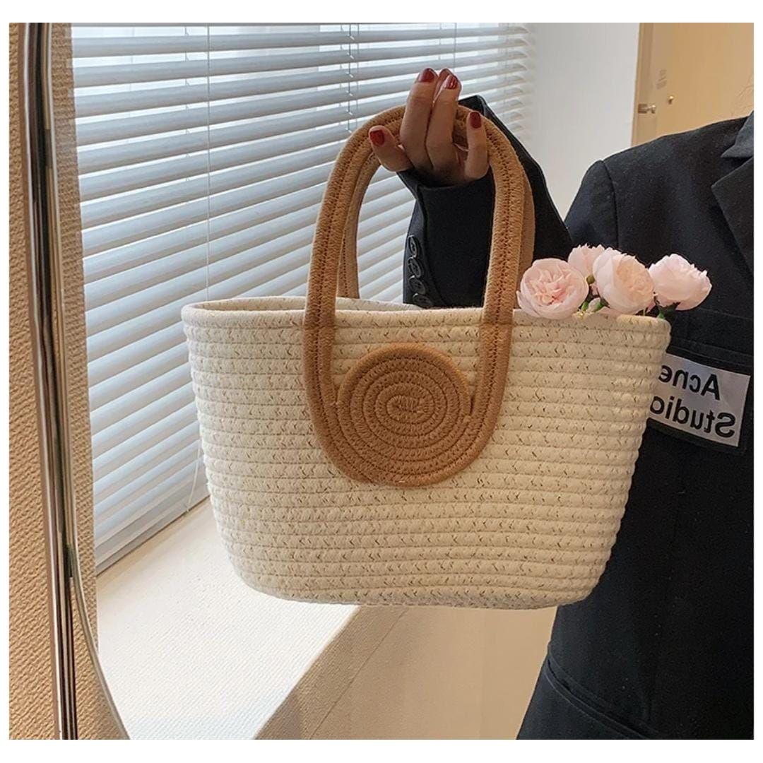 Two-Tone Cotton Rope Woven Tote Handbag.