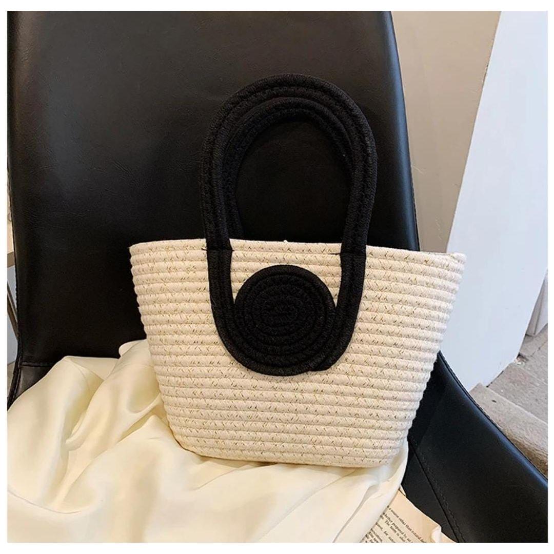 Two-Tone Cotton Rope Woven Tote Handbag.