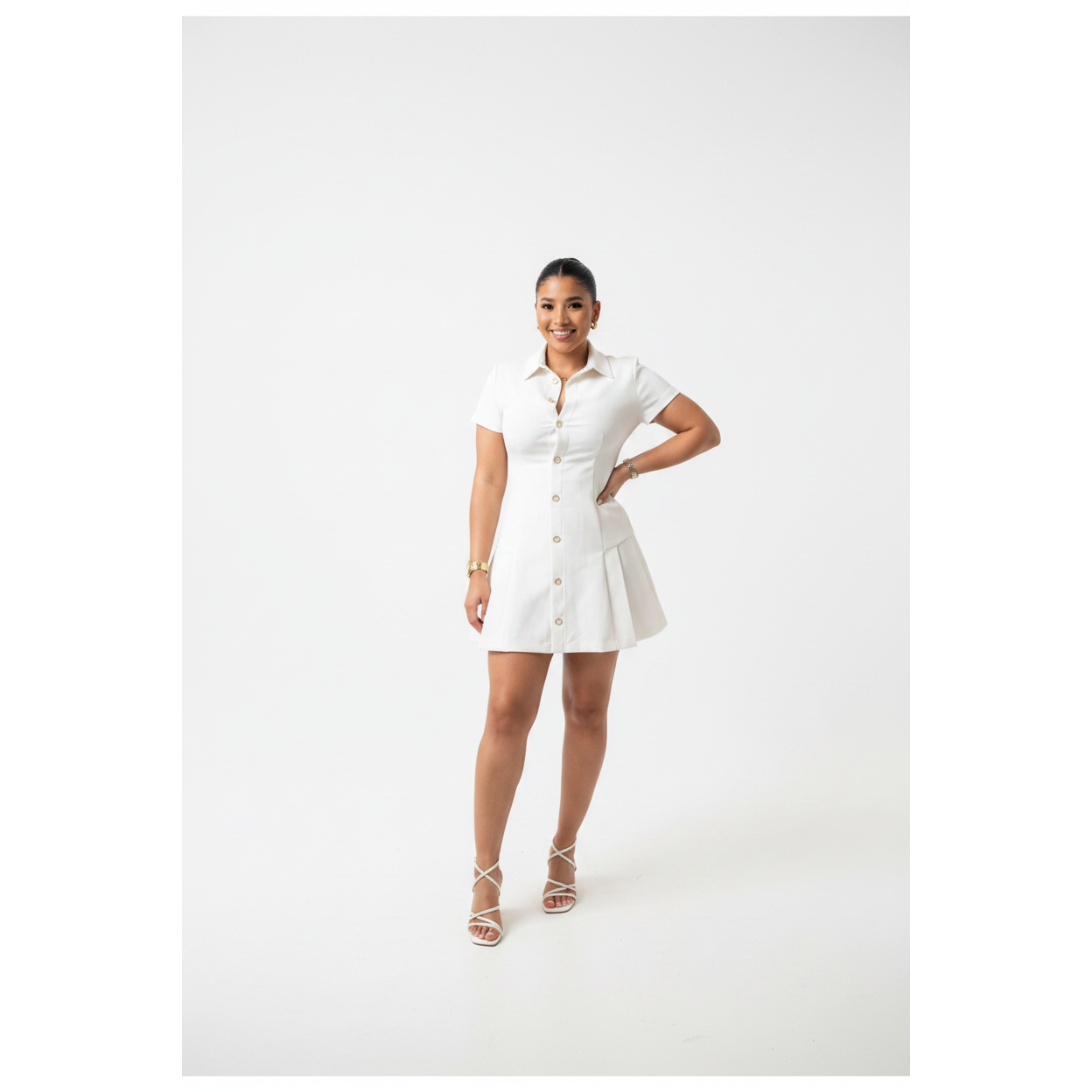Button Detailed Short Sleeve Mini Dress