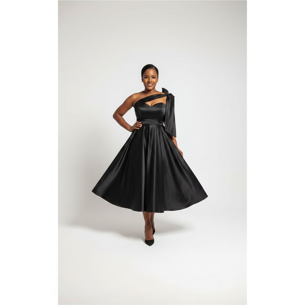 Tie Shoulder Pleated Midi Dress