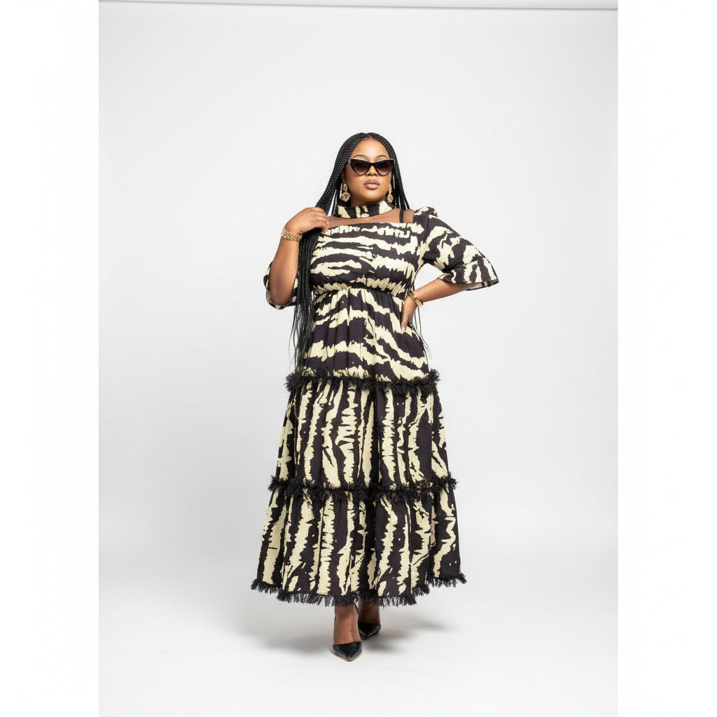 Short Flare Lace Sleeve Pleated Maxi Dress