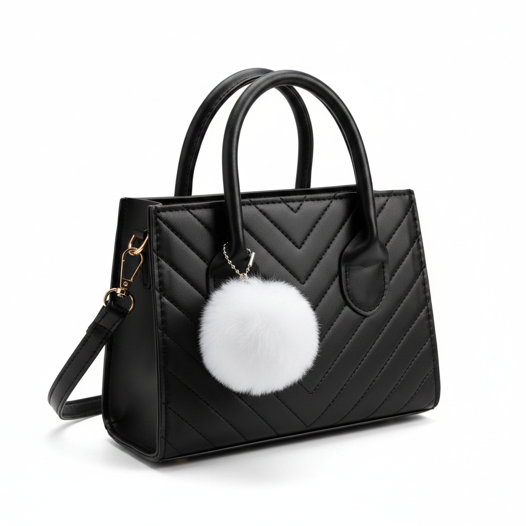 Mini Tote Bag Structured Handbag with Pom-Pom Charm