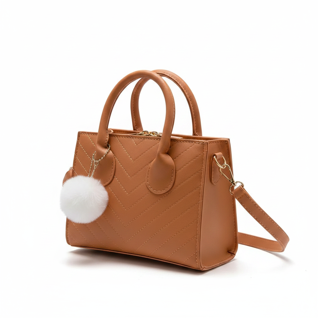 Mini Tote Bag Structured Handbag with Pom-Pom Charm