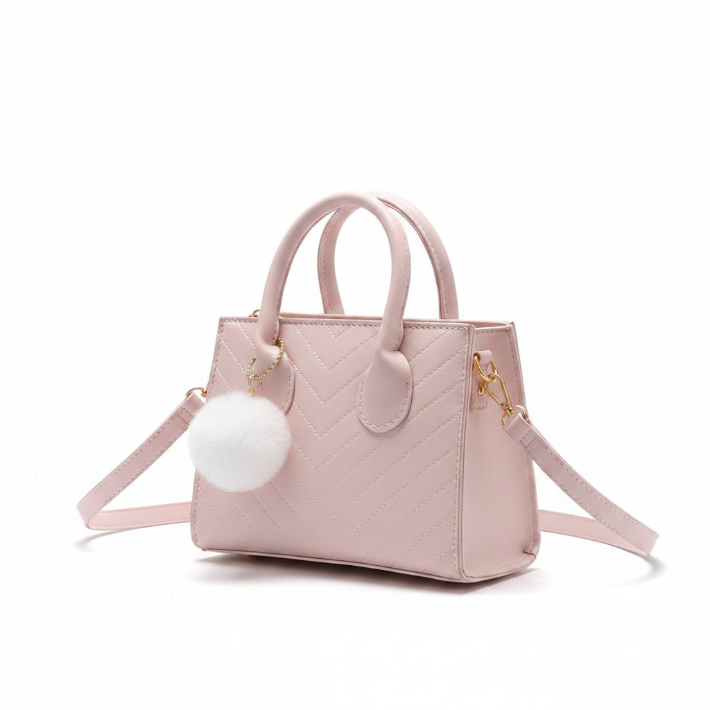 Mini Tote Bag Structured Handbag with Pom-Pom Charm