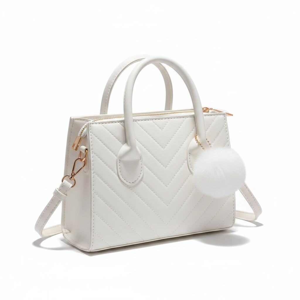 Mini Tote Bag Structured Handbag with Pom-Pom Charm