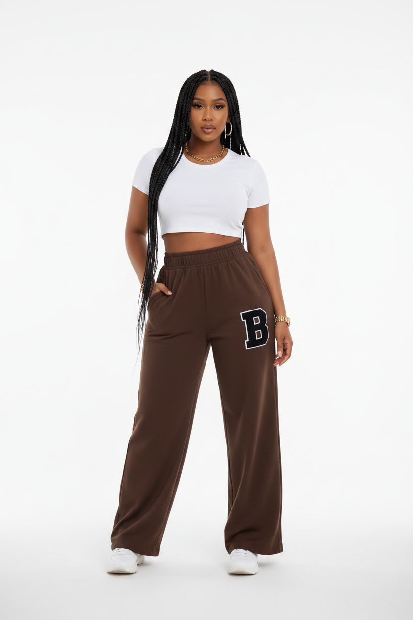 Women's High-Waisted Wide-Leg Track Pants with "B" Letter Patch.