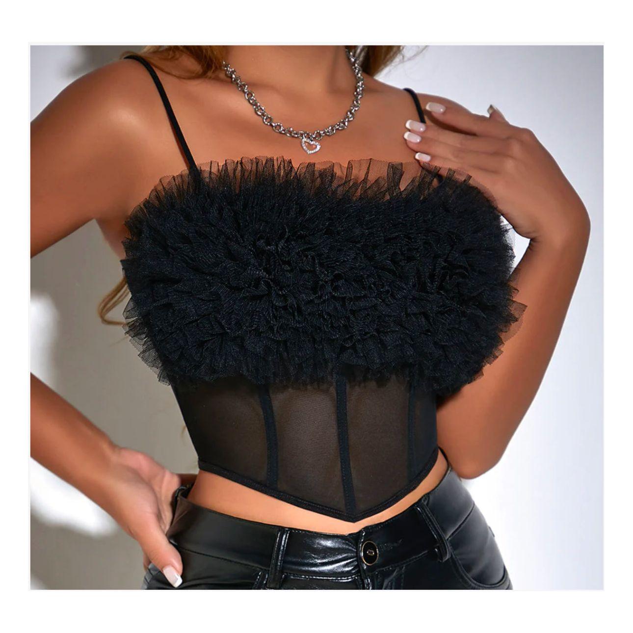 Slim-Fit Cropped Strapless Top With 3D Floral Lace.