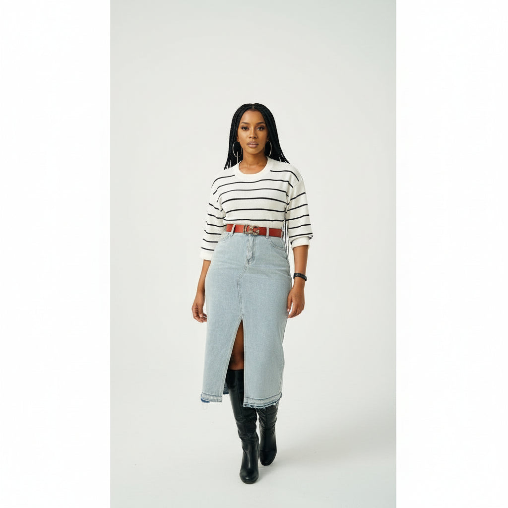 Denim Midi Slit Cut Skirt