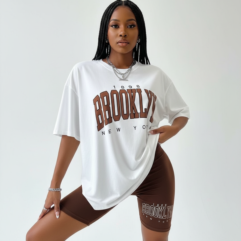 Short Sleeve Ladies Brooklyn Printed T Shirt and Tight Pants Set.