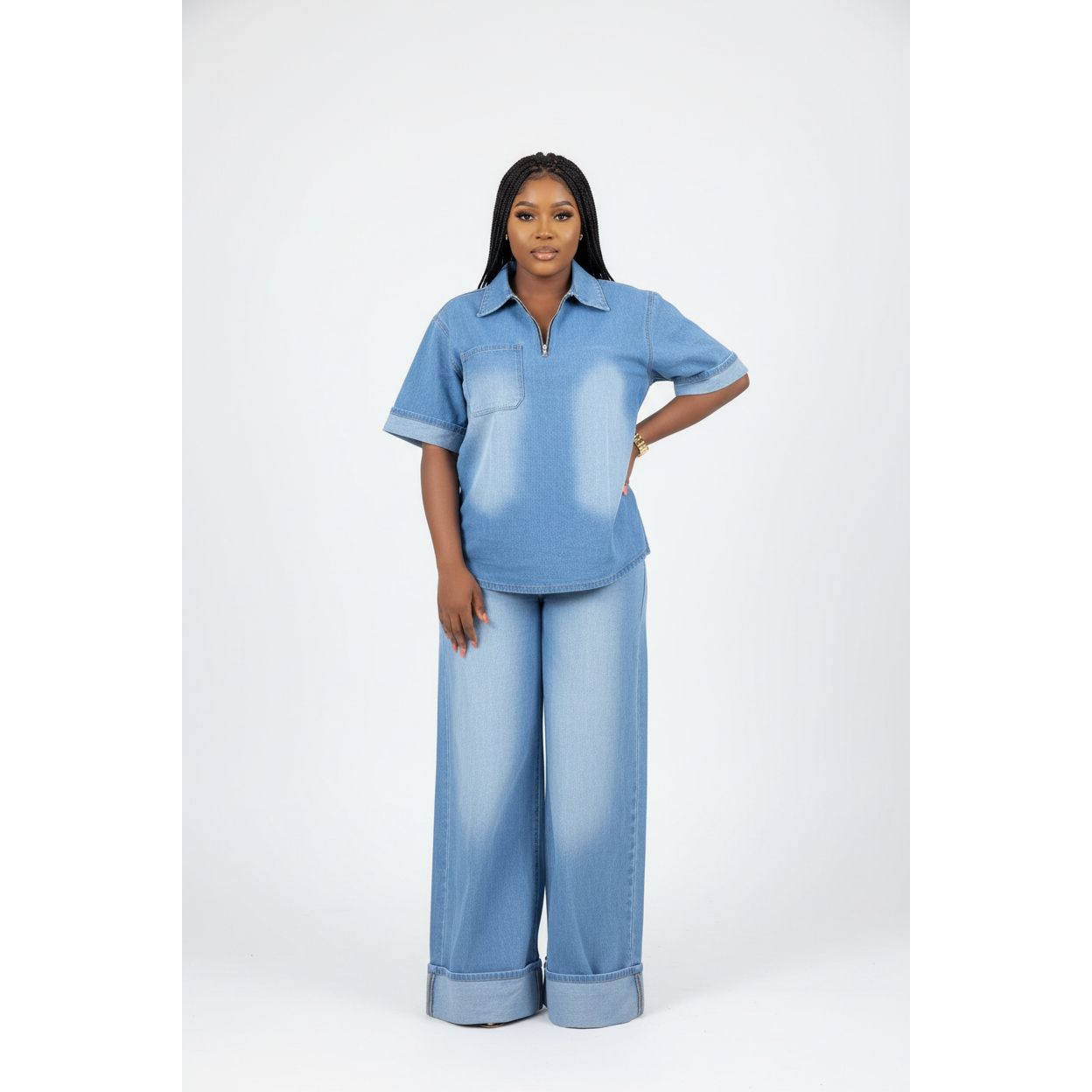 Wide Boot Leg High Waist with a Zipper 2 Piece Denim Set.