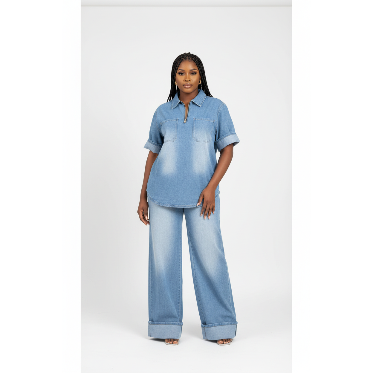 Wide Boot Leg High Waist with a Zipper 2 Piece Denim Set.