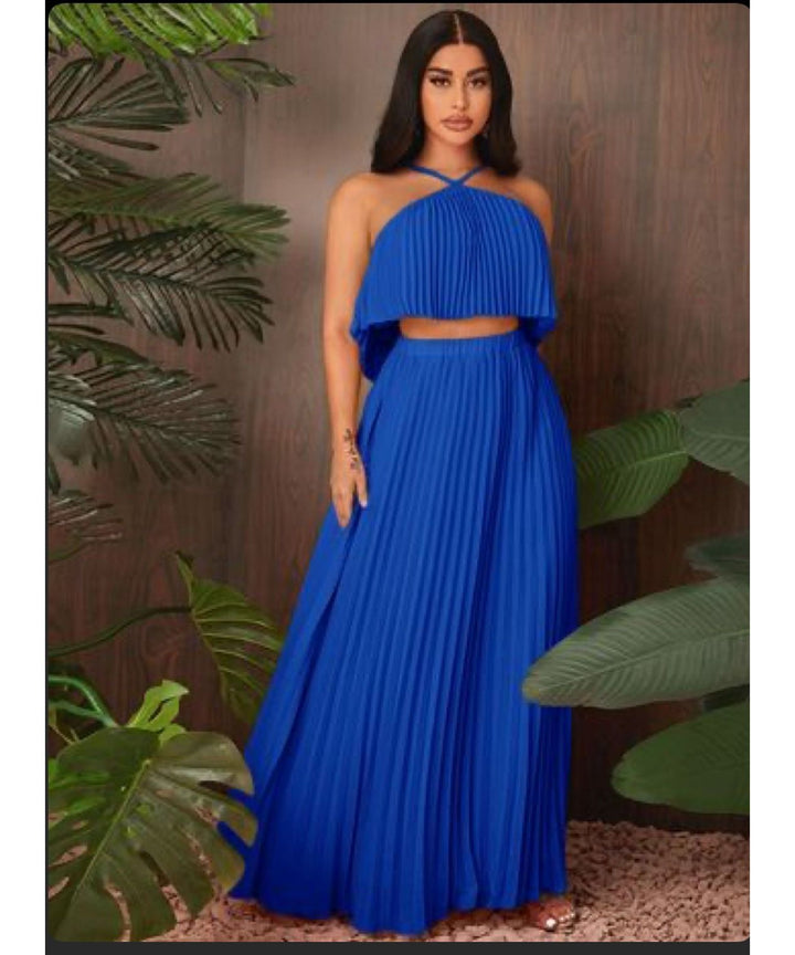 Halter Twist Crop Top and Pleated Long Skirt Suit