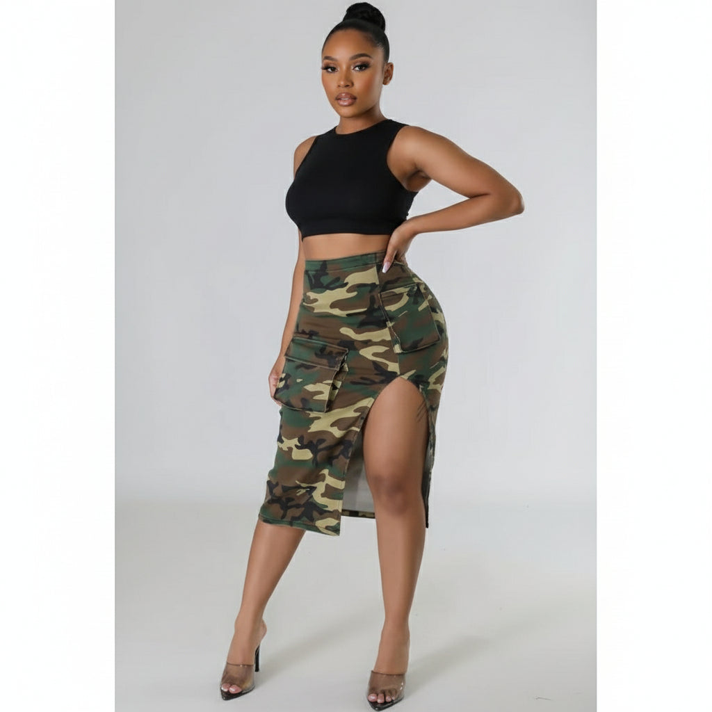 Camouflage Side Slit Cargo Skirt