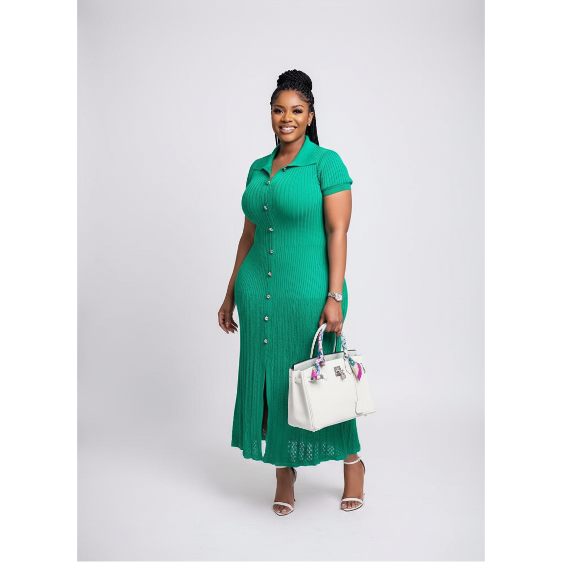 Bodycon Button Short Sleeve Maxi Dress.