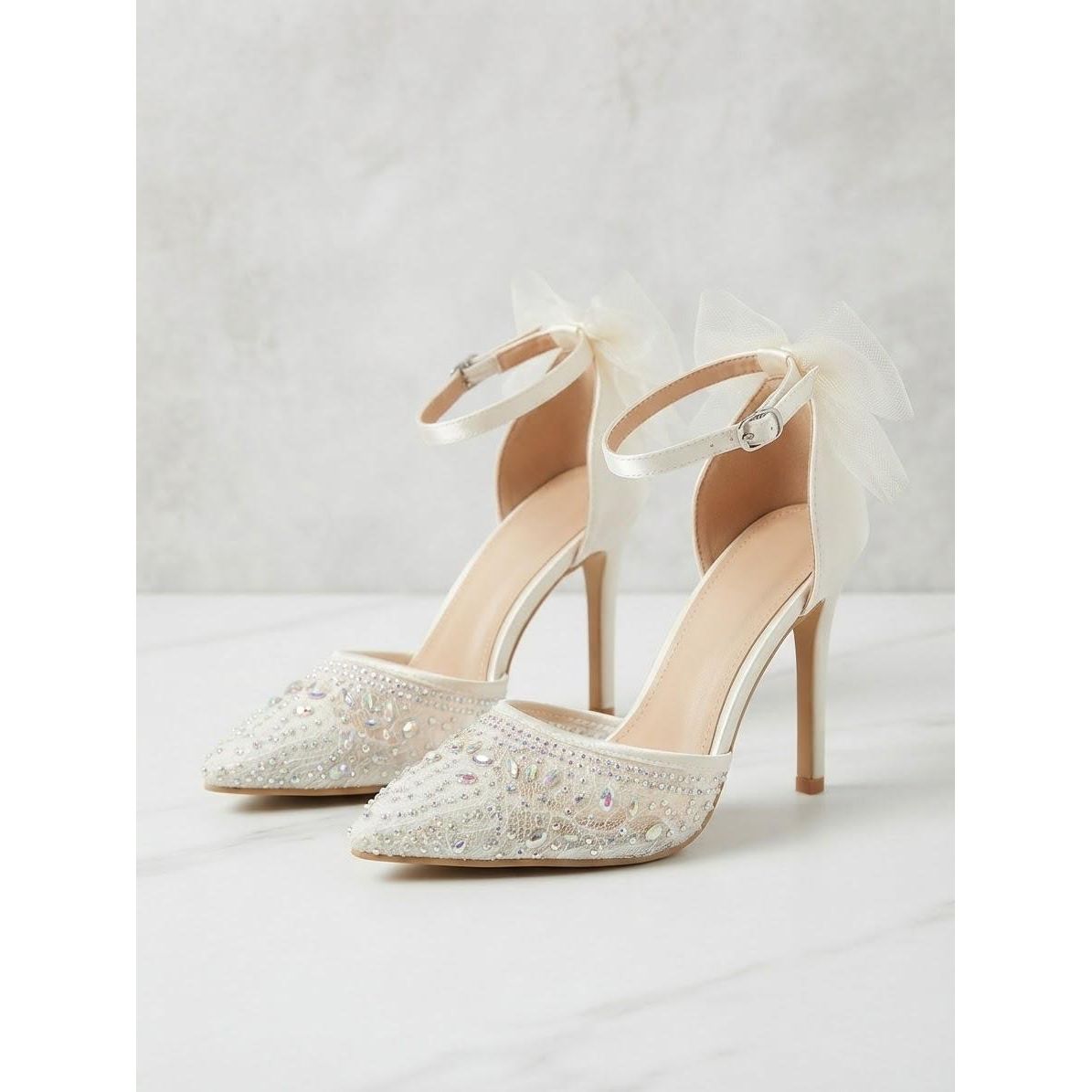 Rhinestone Mesh Stiletto Heels with Ankle Bow
