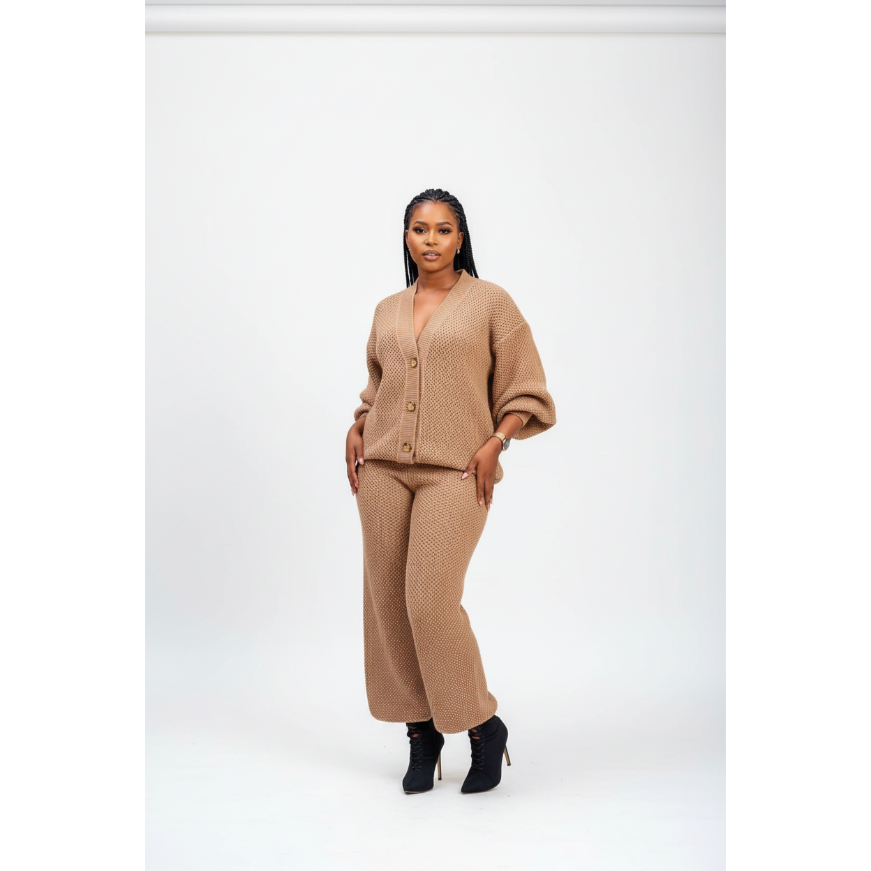 Knitted Button Cardigan & Wide-Leg Pant Set