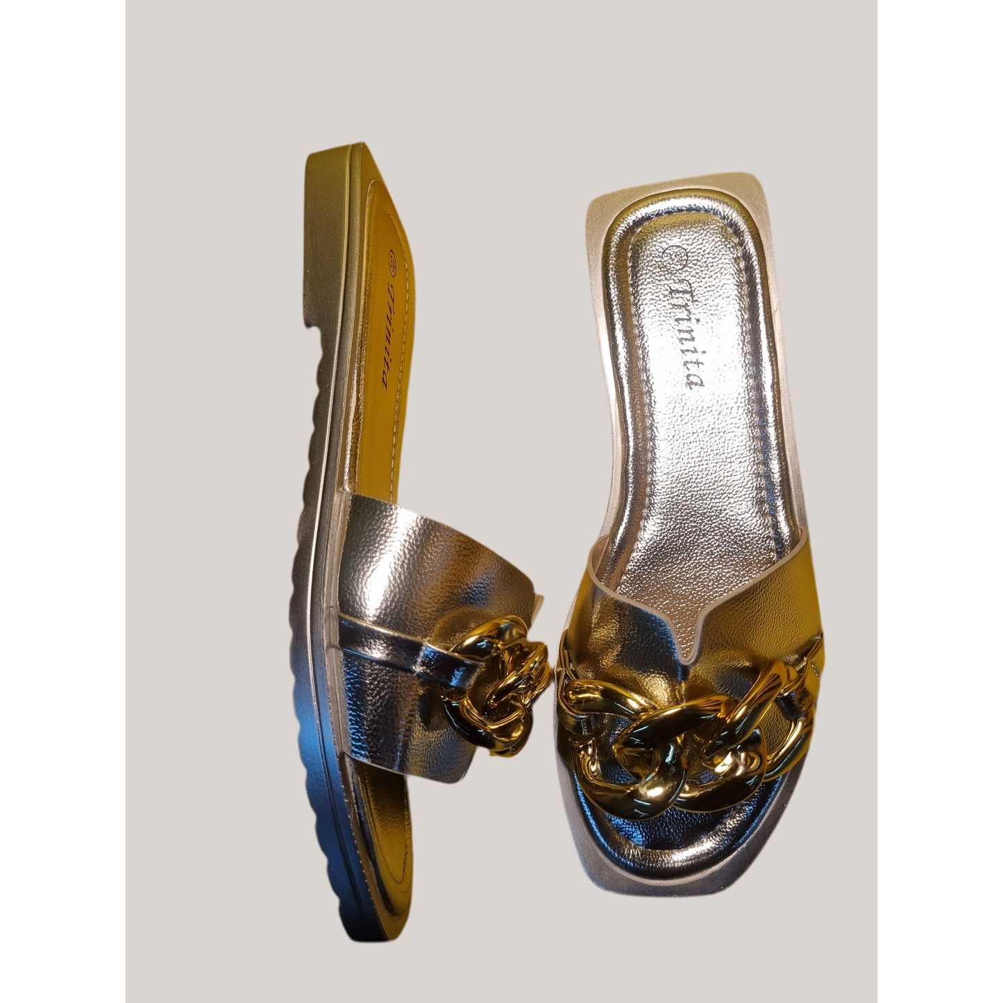 Chain Detail Flat Slide Sandals.