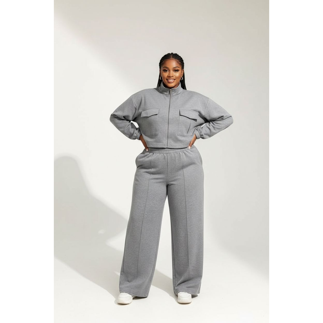 Two Piece Lounge Set with Zip-Up Crop Jacket