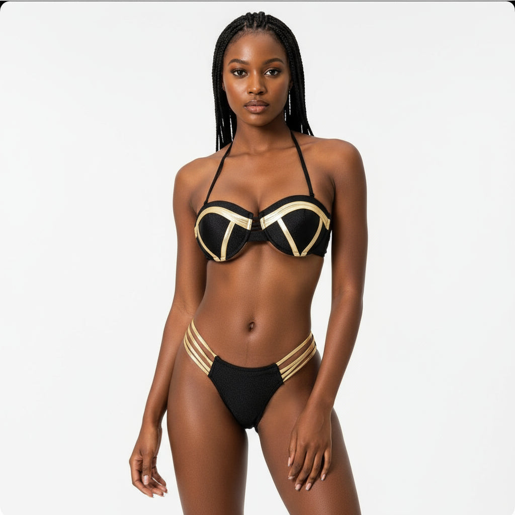 Gold Stamping Bikini Padded Swimsuit Sexy Set.