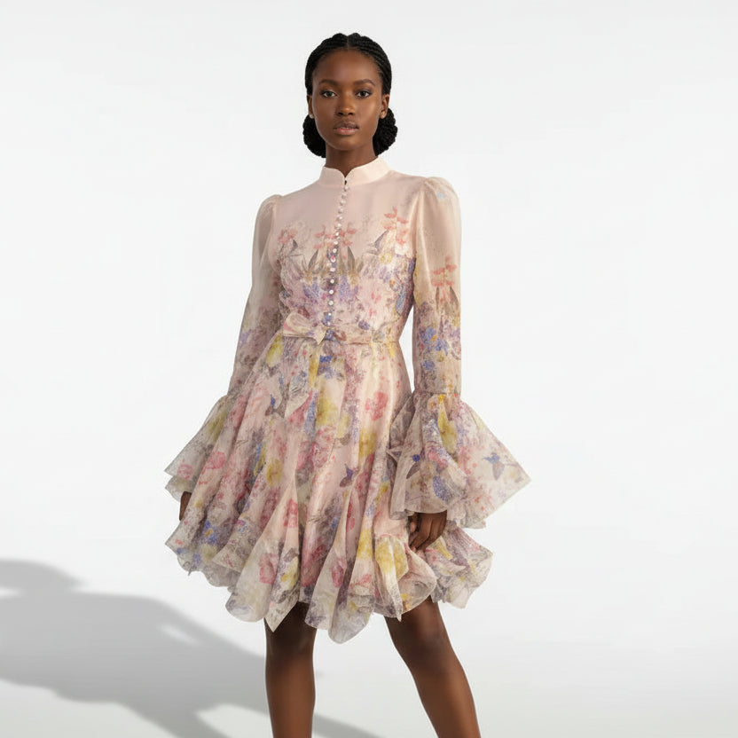 Long-Sleeved Floral-Printed ruffled Short Dress