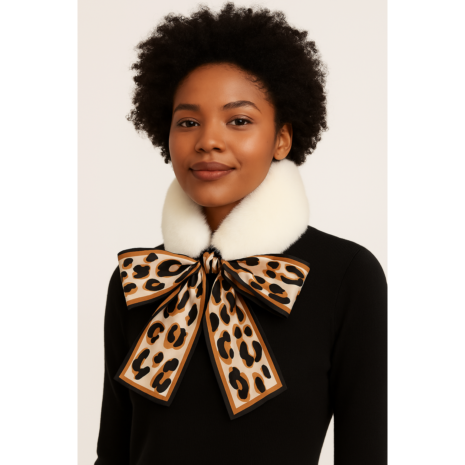 Winter Warm Faux Fur Collar Scarf with Leopard Ribbon Neck Warmer