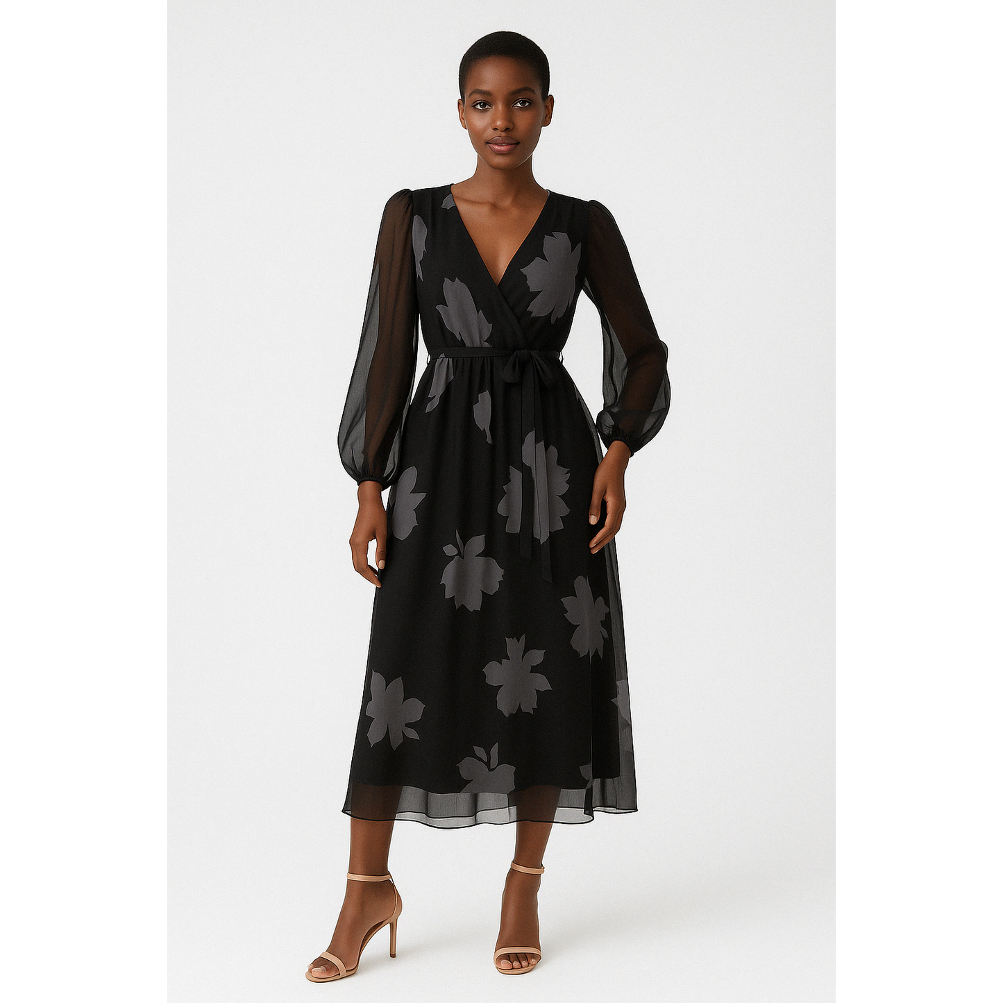 Floral V-Neck Long Sleeve Printed Dress