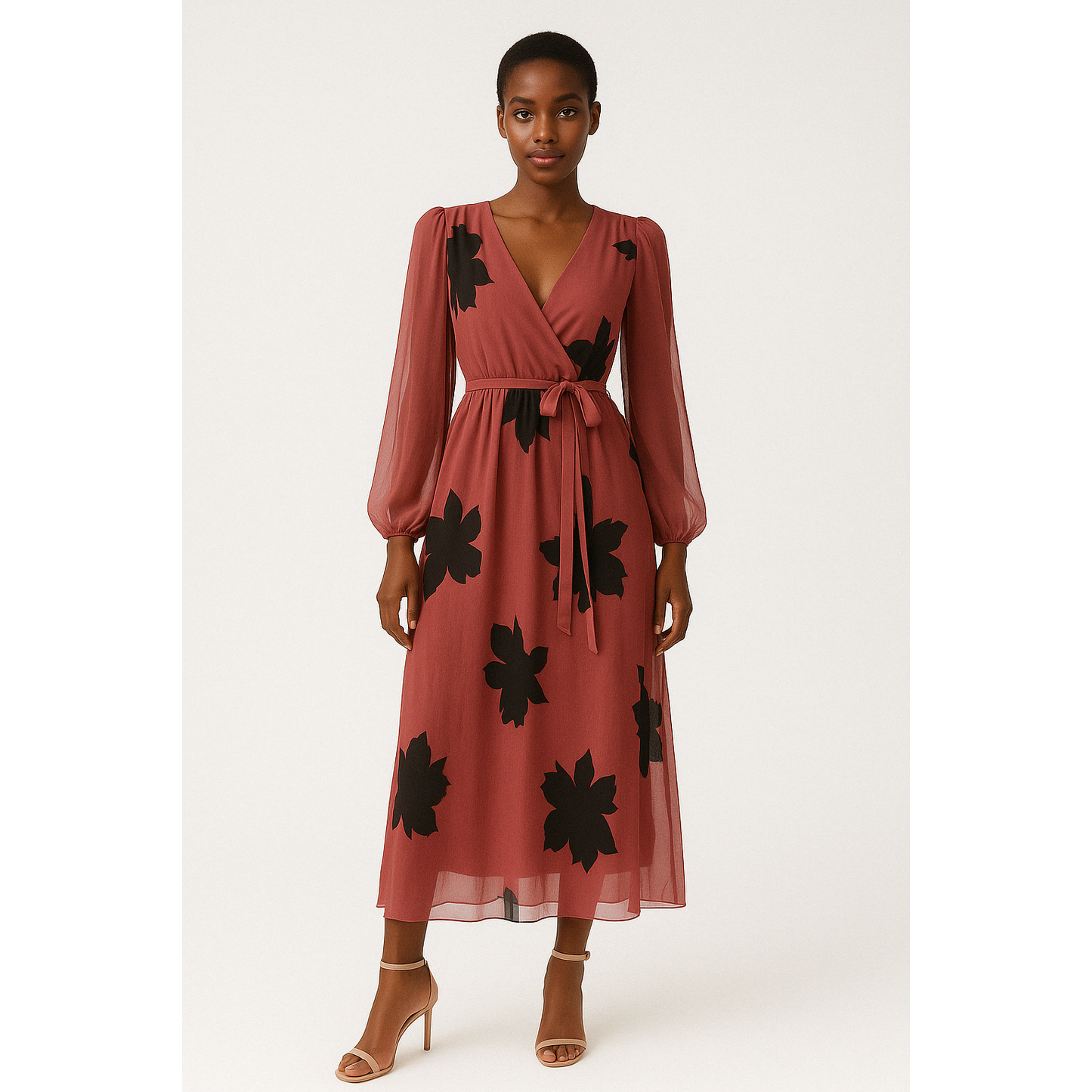 Floral V-Neck Long Sleeve Printed Dress