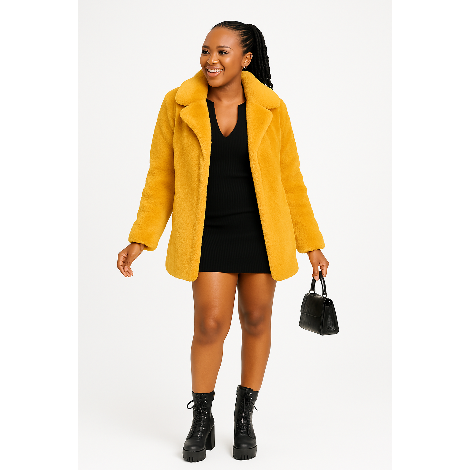 Faux Fur Coat Turn Down Collar Winter Warm Casual Jacket – YELLOW